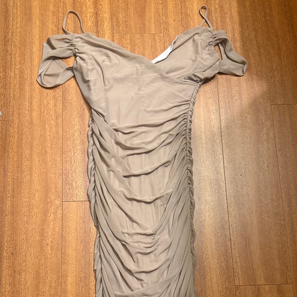 Elegant Tan Ruched Dress SEE PHOTOS